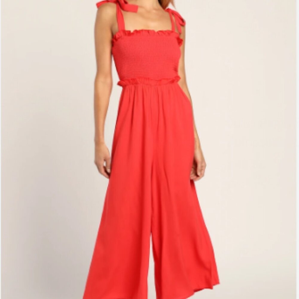 NWT Lulus Perfect Moments Bright Red Smocked Tie-Strap Culotte Jumpsuit Large